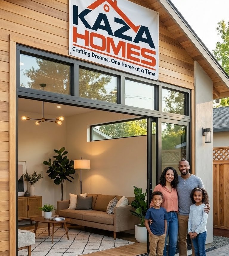 Family in front of a finished Tiny Kaza ADU